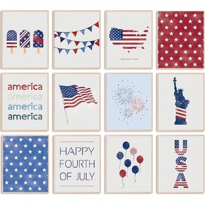 AnyDesign 12pcs جدار الفن الوطني يطبع 4th من يوليو ورقة جدار الفنون الديكور المائية العلم الأمريكي الأحمر الأزرق ملصقات فنية لعيد الاستقلال ديكور غرفة المعيشة المنزلية، 8 × 10 بوصة، غير مؤطرة in Kuwait