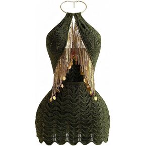 OYOANGLE Women's Sequin Tassel Cut Out Halter Dresses Sleeveless Crochet Bodycon Mini Dress Beachwear in Saudi Arabia