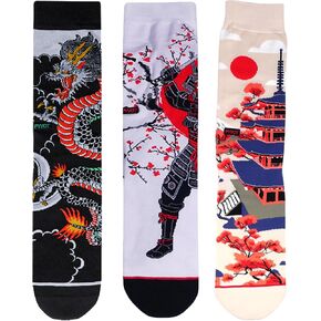 PYVOT Artist Series Honor Bundle 3-Pack, Premium Japanese Culture Crew Socks for Men and Women, Ronin Samurai, Pagoda Zen & Kraken Wave Patterns, Moisture Wicking Combed Cotton, Heavy Cushion, 3 Pairs in Kuwait