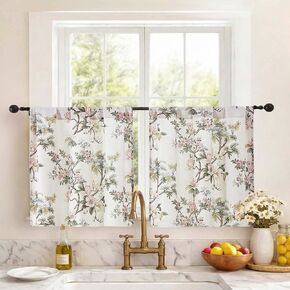 Simplebrand Natural Floral Linen Textured Tier Kitchen Curtains 24 Inch 2 Panels, Light Filtering Privacy Cafe Small Window Curtains for Bathroom RV Camper, Farmhouse Rod Pocket Panels, 30" W x 24" L in Saudi Arabia