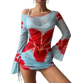 Swimsuit Cover Up for Women Sheer Mesh Ruched Side Coverup Long Bell Sleeve Off Shoulder Swim Beach Floral Dress in Saudi Arabia