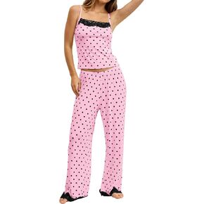 Polka Dot 2 Piece Lounge Sets for Women Lace Trim Tank Tops Wide Leg Pants Matching Pajamas Set Summer Comy Pjs Set in Saudi Arabia