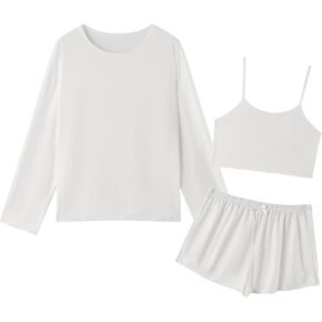 Women's Pajamas Set 3 Piece Soft Cami Shorts Long Sleeve Tops Pj set | Sleeveless Camisole,Cotton Sleepwear,Lounge Set,Adjustable Straps,Bow Decoration,Casual Loungewear in Saudi Arabia