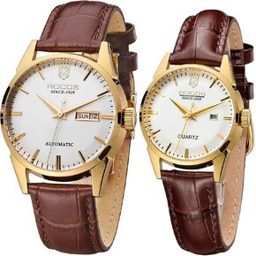 ROCOSJEWE R0101QL Couple Watch Set - Classic Gold Case with White Dial and Brown Leather Strap - Men's Automatic and Women's Quartz Luxury Watches - Gift in Kuwait
