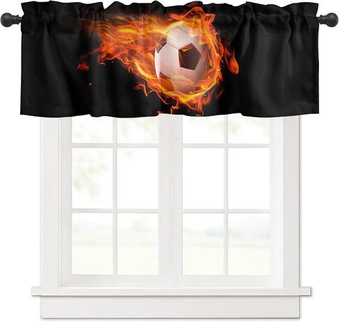 Fire Flame Soccer Sports Curtain Valance for Windows/Living Room/Kitchen/Bathroom/Farmhouse, Black Short Rod Pocket Tier Curtain Window Treatment, 1 Panel 54x18 in Saudi Arabia