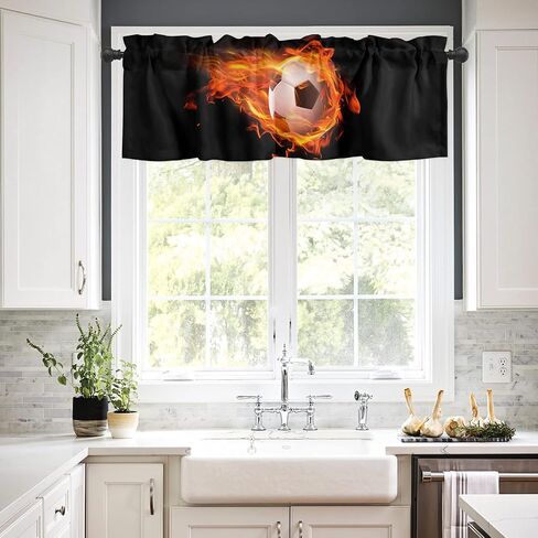 Fire Flame Soccer Sports Curtain Valance for Windows/Living Room/Kitchen/Bathroom/Farmhouse, Black Short Rod Pocket Tier Curtain Window Treatment, 1 Panel 54x18 in Saudi Arabia