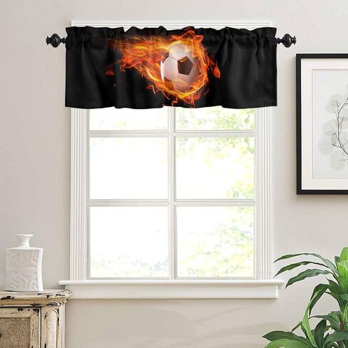 Fire Flame Soccer Sports Curtain Valance for Windows/Living Room/Kitchen/Bathroom/Farmhouse, Black Short Rod Pocket Tier Curtain Window Treatment, 1 Panel 54x18 in Saudi Arabia