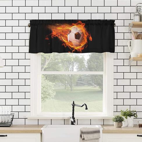 Fire Flame Soccer Sports Curtain Valance for Windows/Living Room/Kitchen/Bathroom/Farmhouse, Black Short Rod Pocket Tier Curtain Window Treatment, 1 Panel 54x18 in Saudi Arabia