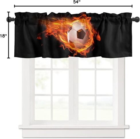 Fire Flame Soccer Sports Curtain Valance for Windows/Living Room/Kitchen/Bathroom/Farmhouse, Black Short Rod Pocket Tier Curtain Window Treatment, 1 Panel 54x18 in Saudi Arabia