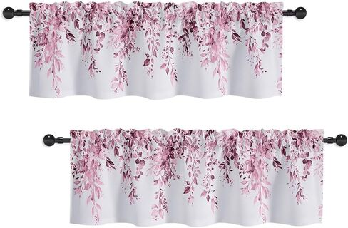 Pink Eucalyptus Valances for Windows, Leaves Floral Short Kitchen Curtains Watercolor Leaf Small Window Treatments for Living Room Bedroom Bathroom 2Panels 52x18inches in Saudi Arabia