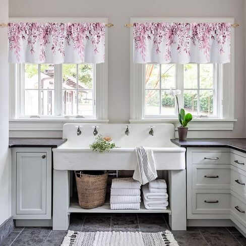 Pink Eucalyptus Valances for Windows, Leaves Floral Short Kitchen Curtains Watercolor Leaf Small Window Treatments for Living Room Bedroom Bathroom 2Panels 52x18inches in Saudi Arabia