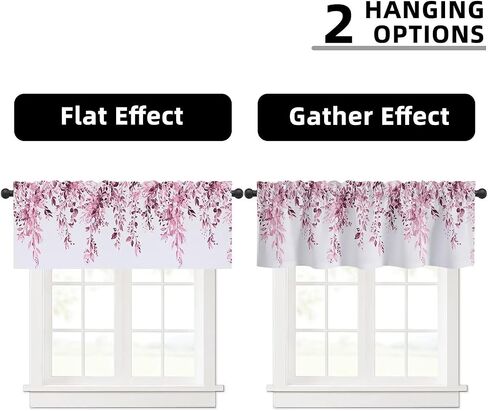 Pink Eucalyptus Valances for Windows, Leaves Floral Short Kitchen Curtains Watercolor Leaf Small Window Treatments for Living Room Bedroom Bathroom 2Panels 52x18inches in Saudi Arabia