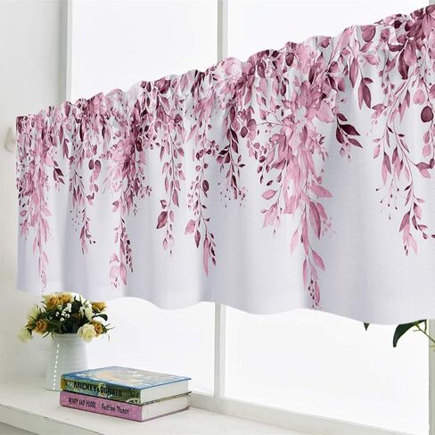 Pink Eucalyptus Valances for Windows, Leaves Floral Short Kitchen Curtains Watercolor Leaf Small Window Treatments for Living Room Bedroom Bathroom 2Panels 52x18inches in Saudi Arabia