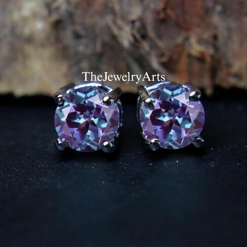 Dainty Alexandrite Earrings – Round Cut Purple and Green Color-Changing Stud Earrings in Silver, Elegant Jewelry for Every Occasion in Saudi Arabia