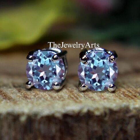 Dainty Alexandrite Earrings – Round Cut Purple and Green Color-Changing Stud Earrings in Silver, Elegant Jewelry for Every Occasion in Saudi Arabia