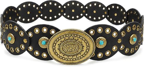 Western Belt for Women, Vintage Concho Cowgirl Belt with Turquoise, Chunky Disc Leather Belt for Dresses Jeans Outfits, Country Festival Accessories in Saudi Arabia