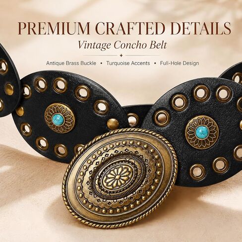 Western Belt for Women, Vintage Concho Cowgirl Belt with Turquoise, Chunky Disc Leather Belt for Dresses Jeans Outfits, Country Festival Accessories in Saudi Arabia