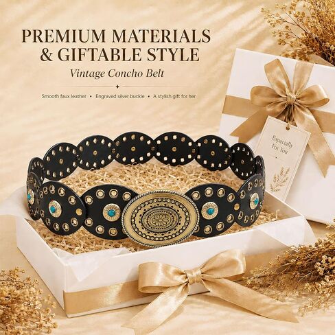 Western Belt for Women, Vintage Concho Cowgirl Belt with Turquoise, Chunky Disc Leather Belt for Dresses Jeans Outfits, Country Festival Accessories in Saudi Arabia