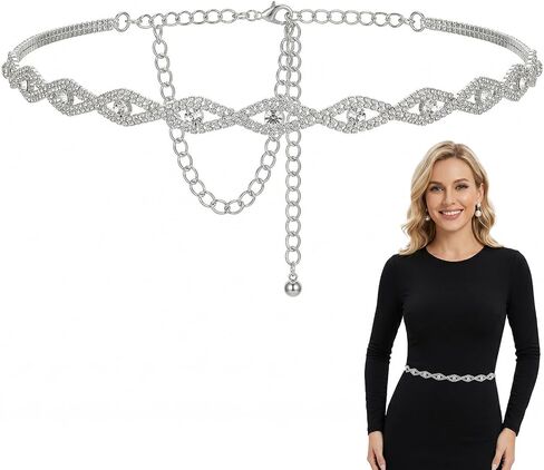 Women’s Rhinestone Chain Belt Sparkly Silver Waist Chain for Dresses Wedding Bridal & Evening Party Adjustable Crystal Belt in Saudi Arabia