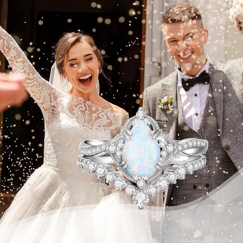 1.5ct Pear Shaped Opal Engagement Rings for Women Genuine Opal Rings Set 925 Sterling Silver 2pcs Vintage Infinity Inspired V Shaped Wedding Band Anniversary Promise Ring in Saudi Arabia