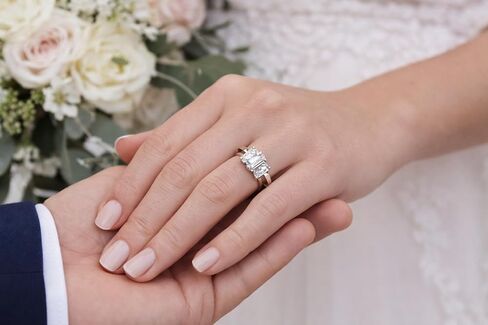 Elle éternelle Three-Stone Moissanite Engagement Ring, Emerald Cut, 5 CT, White Gold-Tone Finish (9) in Kuwait