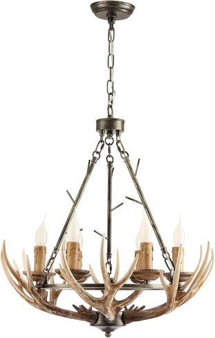 Rustic Antler Chandelier 6 Lights, Resin Farmhouse Chandeliers with 6 Antlers and Retro Metal Wagon Wheel Vintage Style for Dining Room, Kitchen, Living Room in Saudi Arabia
