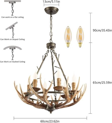 Rustic Antler Chandelier 6 Lights, Resin Farmhouse Chandeliers with 6 Antlers and Retro Metal Wagon Wheel Vintage Style for Dining Room, Kitchen, Living Room in Saudi Arabia