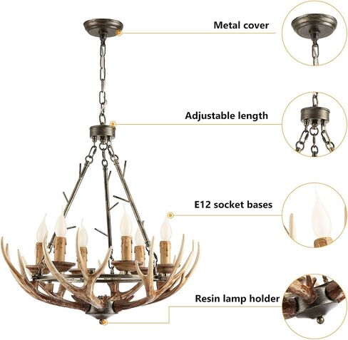 Rustic Antler Chandelier 6 Lights, Resin Farmhouse Chandeliers with 6 Antlers and Retro Metal Wagon Wheel Vintage Style for Dining Room, Kitchen, Living Room in Saudi Arabia