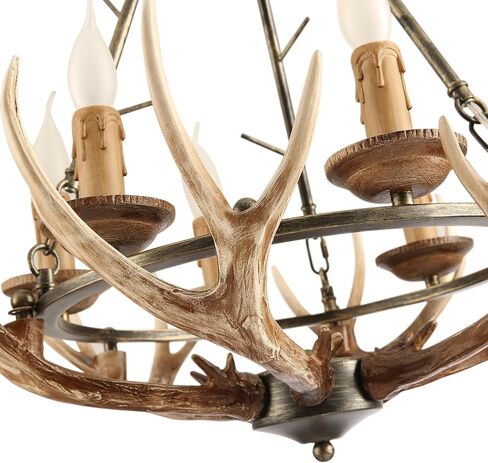 Rustic Antler Chandelier 6 Lights, Resin Farmhouse Chandeliers with 6 Antlers and Retro Metal Wagon Wheel Vintage Style for Dining Room, Kitchen, Living Room in Saudi Arabia