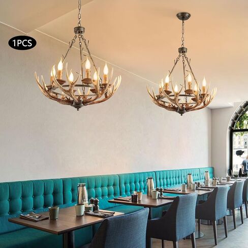 Rustic Antler Chandelier 6 Lights, Resin Farmhouse Chandeliers with 6 Antlers and Retro Metal Wagon Wheel Vintage Style for Dining Room, Kitchen, Living Room in Saudi Arabia
