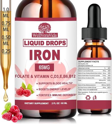 Iron Supplement for Women丨Gentle Iron with Vitamin C & B Complex for Energy Support & Blood Health | Fast Acting Liquid Iron Drops for Iron Deficiency丨Non-GMO, Sugar-Free, Yummy Raspberry Formula in Saudi Arabia