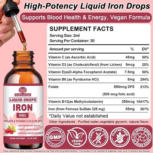 Iron Supplement for Women丨Gentle Iron with Vitamin C & B Complex for Energy Support & Blood Health | Fast Acting Liquid Iron Drops for Iron Deficiency丨Non-GMO, Sugar-Free, Yummy Raspberry Formula in Saudi Arabia