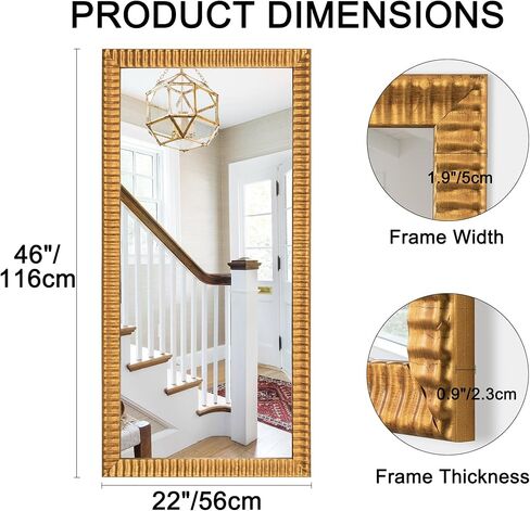 Chende 26" x 54" Large Wall Mirror for Decor, Gold Decorative Mirror with Wave Carved Wood Frame, Decoration for Dining Room, Bedroom, Hallway, Wall Mounted Wood Mirror in Saudi Arabia