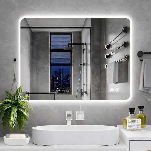 40''X30'' Backlit Led Mirror for Bathroom Rectangular Frameless Wall Mirror with Light Rounded Corners, Shatter Proof, Dimmable, Smart, 3-Color Lights,Tempered Glass (Anti-Fog) in Saudi Arabia