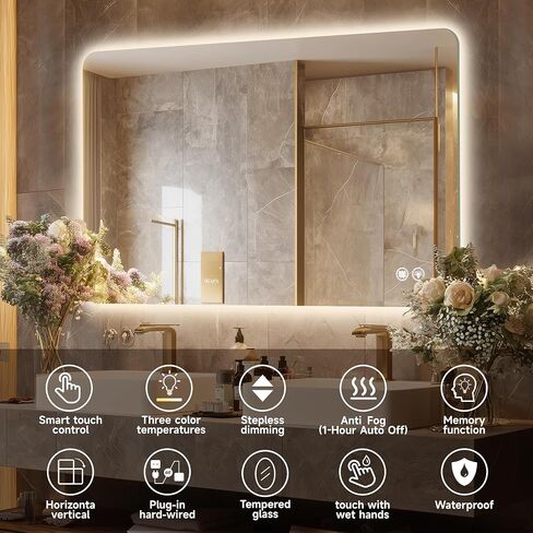 40''X30'' Backlit Led Mirror for Bathroom Rectangular Frameless Wall Mirror with Light Rounded Corners, Shatter Proof, Dimmable, Smart, 3-Color Lights,Tempered Glass (Anti-Fog) in Saudi Arabia