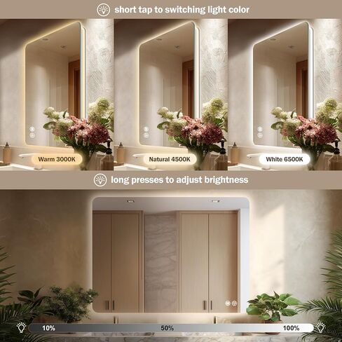 40''X30'' Backlit Led Mirror for Bathroom Rectangular Frameless Wall Mirror with Light Rounded Corners, Shatter Proof, Dimmable, Smart, 3-Color Lights,Tempered Glass (Anti-Fog) in Saudi Arabia