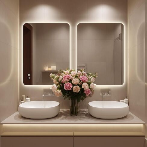40''X30'' Backlit Led Mirror for Bathroom Rectangular Frameless Wall Mirror with Light Rounded Corners, Shatter Proof, Dimmable, Smart, 3-Color Lights,Tempered Glass (Anti-Fog) in Saudi Arabia