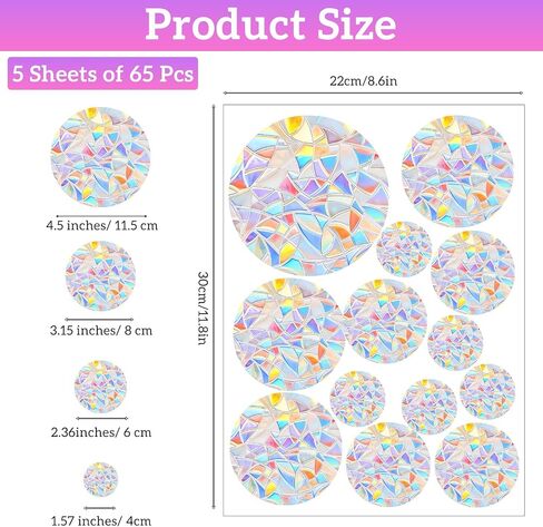65Pcs Anti-Collision Bird Window Clings, Circle Window Sticker, Reusable Rainbow Vinyl Suncatcher Stickers for Glass in Kuwait