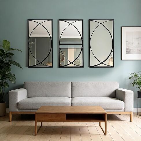 3 Pieces Black Rectangular Wall Mirror Set - Large Modern Metal Accent Mirrors for Entryway, Living Room & Bedroom Decor in Saudi Arabia