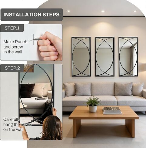 3 Pieces Black Rectangular Wall Mirror Set - Large Modern Metal Accent Mirrors for Entryway, Living Room & Bedroom Decor in Saudi Arabia