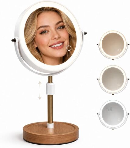 Makeup Mirror with Lights, 1X/5X Double Sided Magnifying Vanity Mirror, Rechargeable Lighted Desk Mirror with 3 Color Dimmable LEDs, Height Adjustable, 360°Rotation, Touch Control, Gift for Women in Saudi Arabia