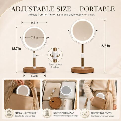 Makeup Mirror with Lights, 1X/5X Double Sided Magnifying Vanity Mirror, Rechargeable Lighted Desk Mirror with 3 Color Dimmable LEDs, Height Adjustable, 360°Rotation, Touch Control, Gift for Women in Saudi Arabia