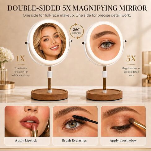 Makeup Mirror with Lights, 1X/5X Double Sided Magnifying Vanity Mirror, Rechargeable Lighted Desk Mirror with 3 Color Dimmable LEDs, Height Adjustable, 360°Rotation, Touch Control, Gift for Women in Saudi Arabia
