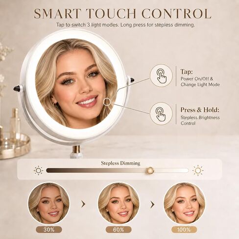 Makeup Mirror with Lights, 1X/5X Double Sided Magnifying Vanity Mirror, Rechargeable Lighted Desk Mirror with 3 Color Dimmable LEDs, Height Adjustable, 360°Rotation, Touch Control, Gift for Women in Saudi Arabia