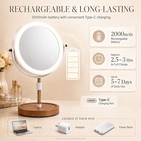 Makeup Mirror with Lights, 1X/5X Double Sided Magnifying Vanity Mirror, Rechargeable Lighted Desk Mirror with 3 Color Dimmable LEDs, Height Adjustable, 360°Rotation, Touch Control, Gift for Women in Saudi Arabia