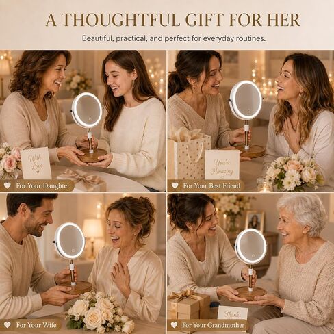 Makeup Mirror with Lights, 1X/5X Double Sided Magnifying Vanity Mirror, Rechargeable Lighted Desk Mirror with 3 Color Dimmable LEDs, Height Adjustable, 360°Rotation, Touch Control, Gift for Women in Saudi Arabia