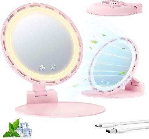 Gospire Foldable Lighted Makeup Mirror with Fan, 3 Speed Cooling Fan, 3 Color Dimmable Lighting, Portable Travel Mirror with Adjustable Stand, Rechargeable LED Vanity Mirror for Bedroom Tabletop, Pink in Saudi Arabia