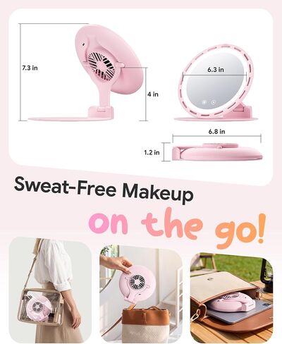 Gospire Foldable Lighted Makeup Mirror with Fan, 3 Speed Cooling Fan, 3 Color Dimmable Lighting, Portable Travel Mirror with Adjustable Stand, Rechargeable LED Vanity Mirror for Bedroom Tabletop, Pink in Saudi Arabia