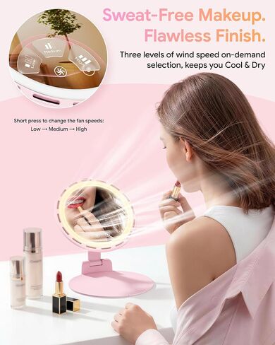 Gospire Foldable Lighted Makeup Mirror with Fan, 3 Speed Cooling Fan, 3 Color Dimmable Lighting, Portable Travel Mirror with Adjustable Stand, Rechargeable LED Vanity Mirror for Bedroom Tabletop, Pink in Saudi Arabia