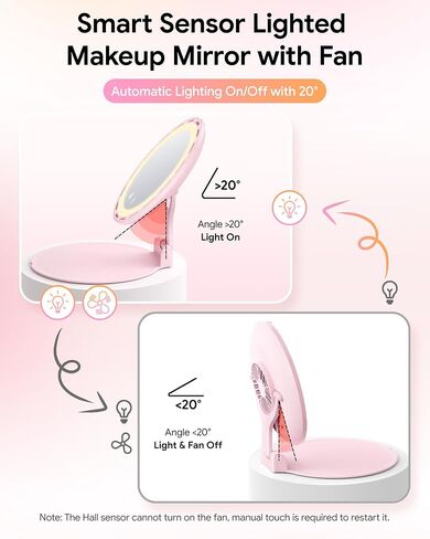 Gospire Foldable Lighted Makeup Mirror with Fan, 3 Speed Cooling Fan, 3 Color Dimmable Lighting, Portable Travel Mirror with Adjustable Stand, Rechargeable LED Vanity Mirror for Bedroom Tabletop, Pink in Saudi Arabia